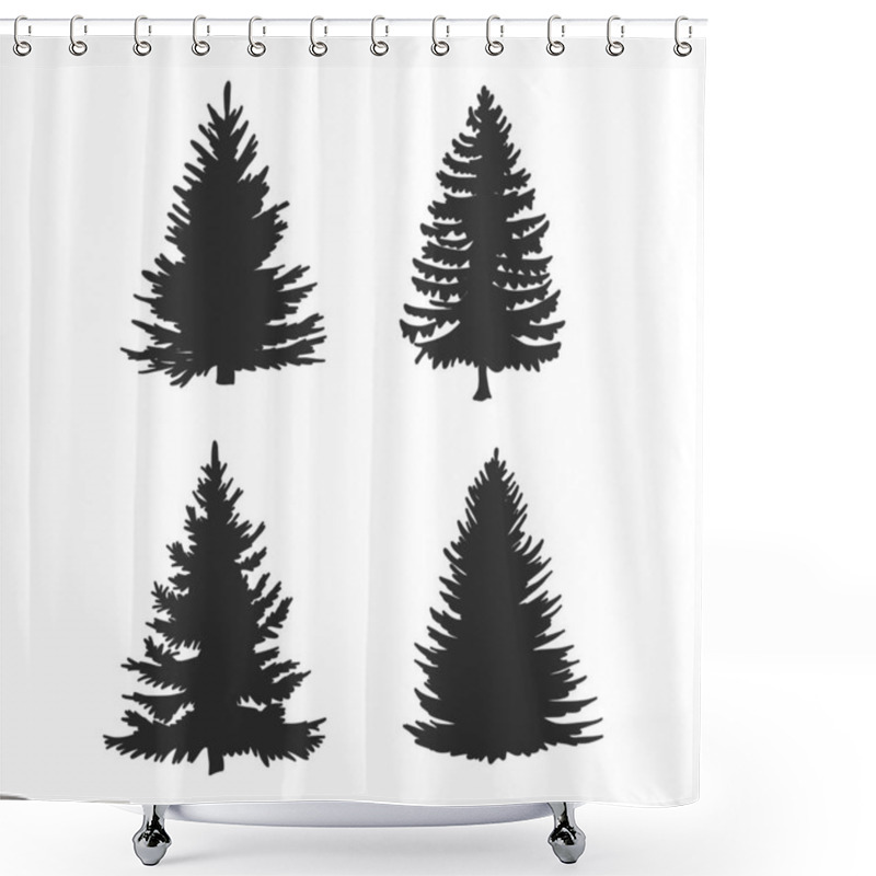 Personality  Tree, Christmas Fir Tree, Black Silhouette Isolated On White Background. Vector Shower Curtains