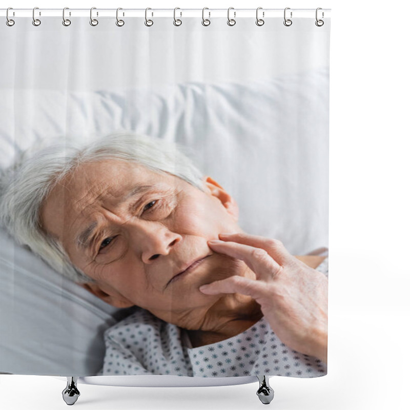 Personality  Elderly Asian Patient Looking At Camera While Lying On Bed In Clinic  Shower Curtains