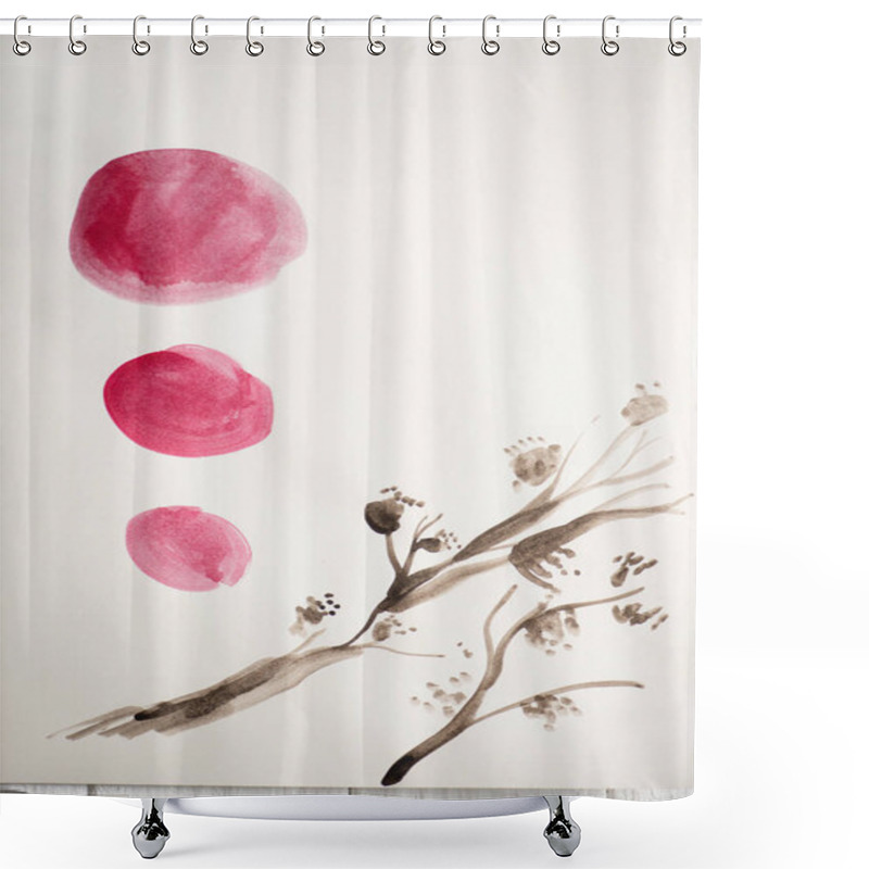 Personality  Top View Of Paper With Japanese Painting With Plant And Pink Circles On Wooden Background Shower Curtains