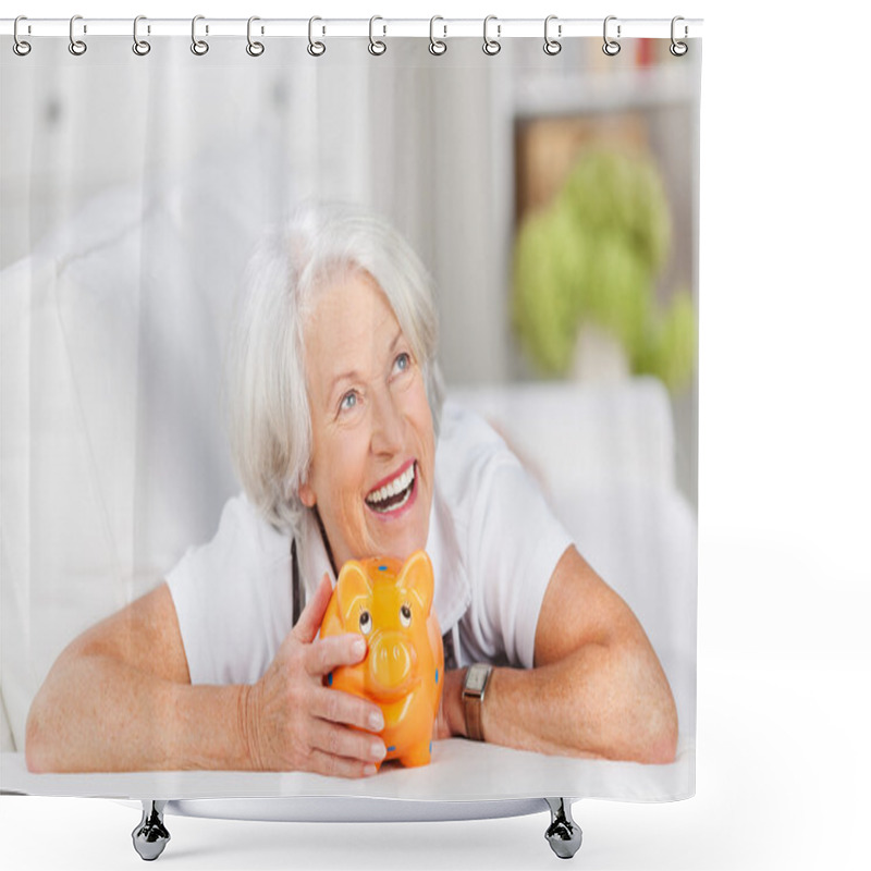 Personality  Smiling Senior Woman With A Piggy Bank Shower Curtains