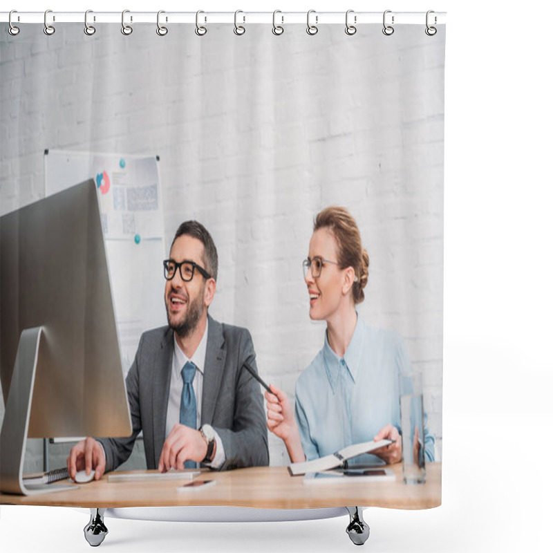 Personality  Laughing Happy Business Working With Computer Together At Modern Office Shower Curtains