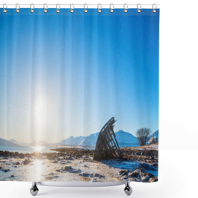 Personality  Shipwrecked Wooden Viking Boat On Frozen Beach In Northern Norway Shower Curtains