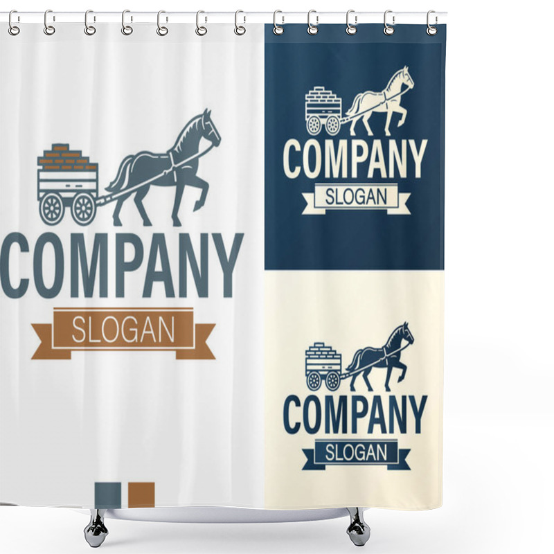 Personality  Logo Template Featuring A Horse Drawn Cart With Bricks In A Vintage Technical Style, Complete With Company Slogan Banner Shower Curtains