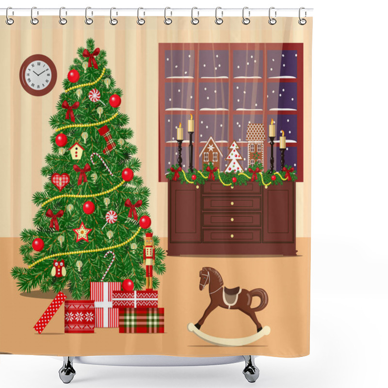 Personality  Christmas Decorated Room With Xmas Tree, Window, Toys Shower Curtains