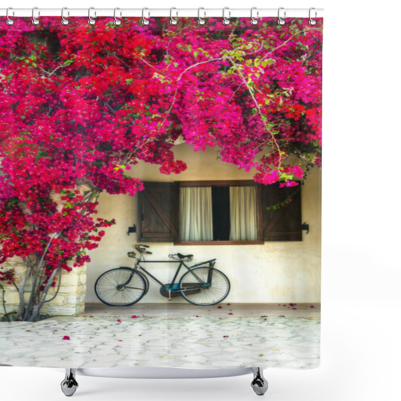 Personality  Charming Street (house) Decoration With Old Bike And Blooming Red Tree,Cypro Island. Shower Curtains