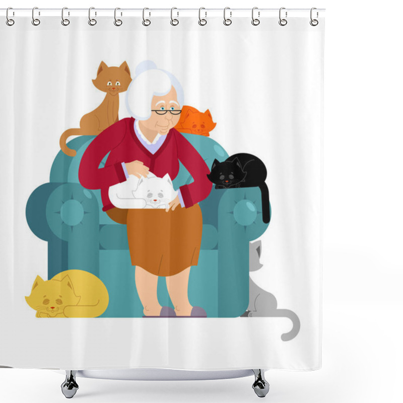 Personality  Grandmother And Cat Sitting On Chair. Granny Cat Lady. Grandma A Shower Curtains