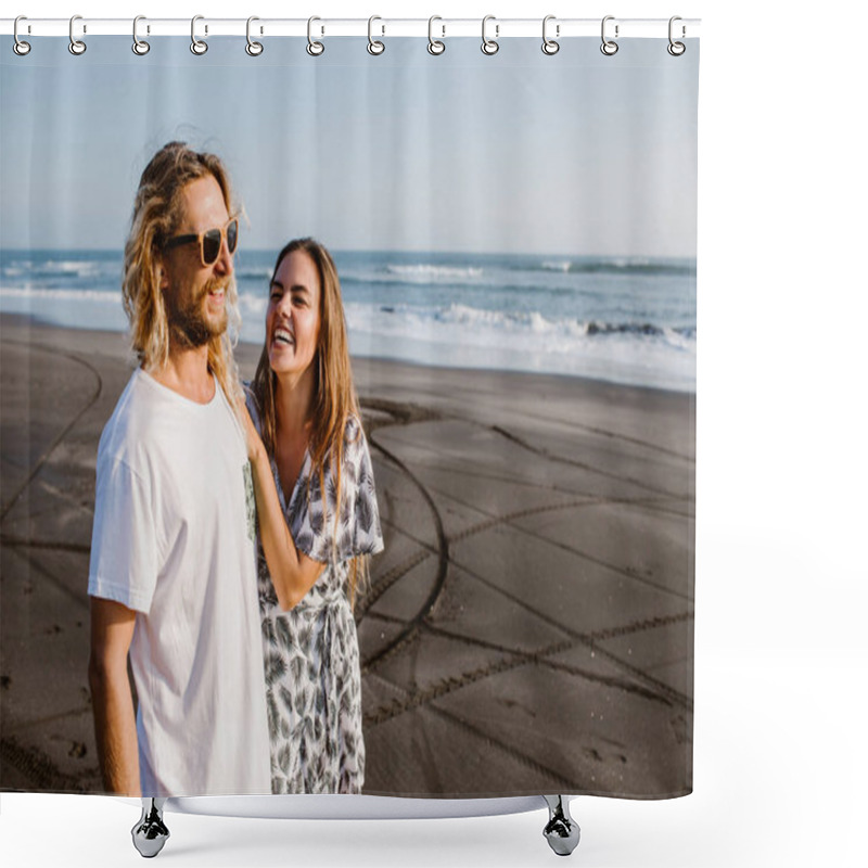 Personality  Laughing Couple Hugging On Coastline In Bali, Indonesia Shower Curtains