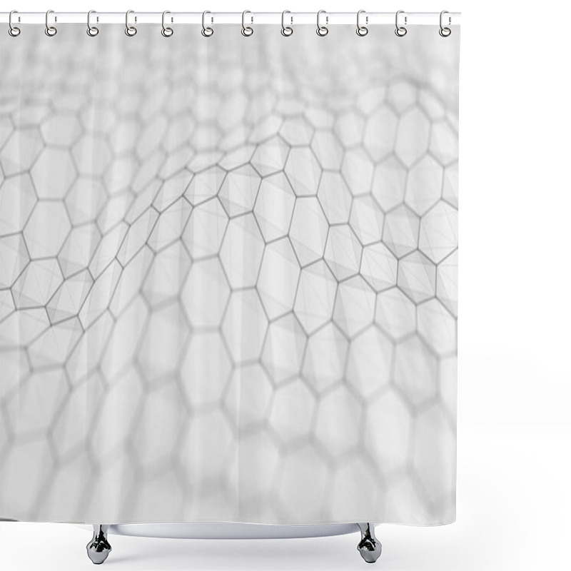 Personality  Futuristic White Hexagon Background. Futuristic Honeycomb Concept. Wave Of Particles. 3D Rendering. Shower Curtains