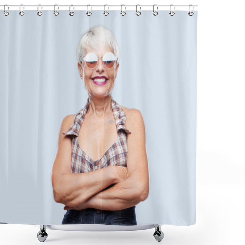 Personality  Senior Cool Woman With A Satisfied And Happy Look On Her Face, Smiling Sincerely An Affectionate Smile. Shower Curtains