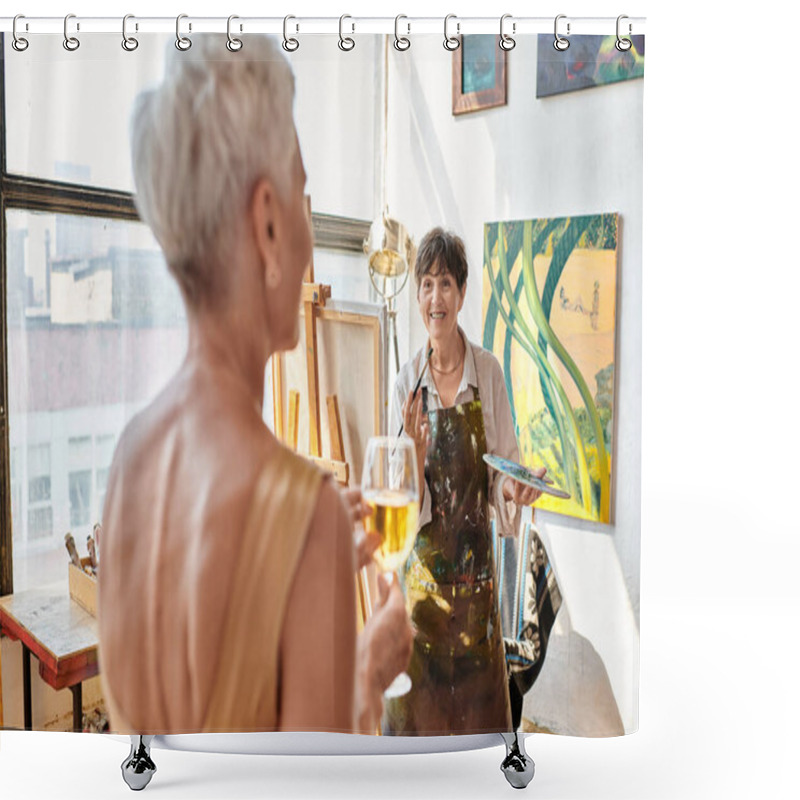 Personality  Happy Mature Artist Painting Blurred Female Model With Wine Glass In Art Workshop, Creative Process Shower Curtains