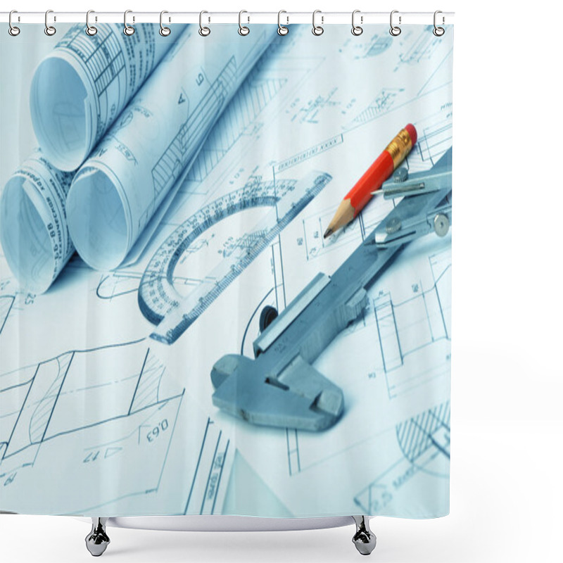 Personality  The Plan Industrial Details, A Ruler, Caliper, Divider And A Red Shower Curtains