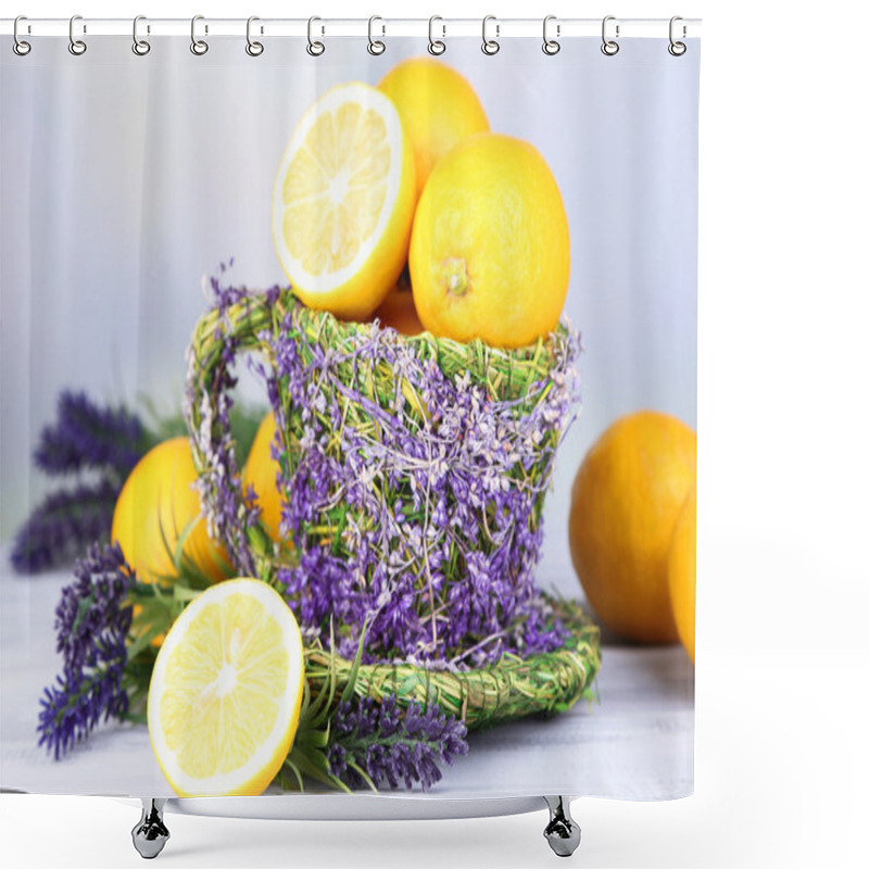 Personality  Still Life With Fresh Lemons And Lavender On Light Background Shower Curtains