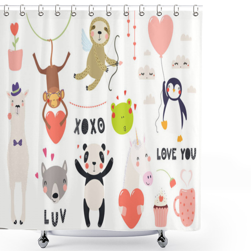 Personality  Big Valentines Day Set With Cute Funny Animals With Hearts And Text Isolated On White Background. Hand Drawn Vector Illustration. Scandinavian Style Flat Design. Concept For Card And Children Print. Shower Curtains