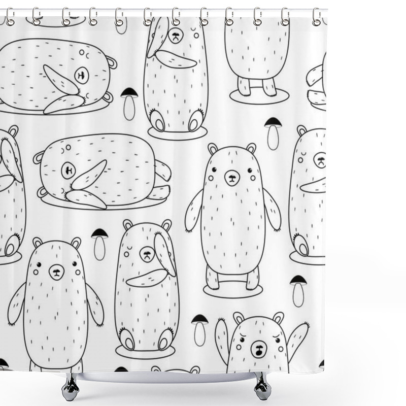 Personality  Seamless Pattern With Drawn Bears And Mushrooms. Vector Illustration. Black Outlines On A White Background. Cute Cartoon Characters For Coloring Books. Shower Curtains