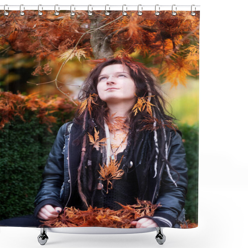 Personality  Beautiful Young Individual, Eccentric Woman, With Dreadlocks, Piercing And Tattoo, Wearing A Black Leather Jacket, Sits Under The Japanese Maple Tree And Is Pleased With The Colorful Leaves Shower Curtains