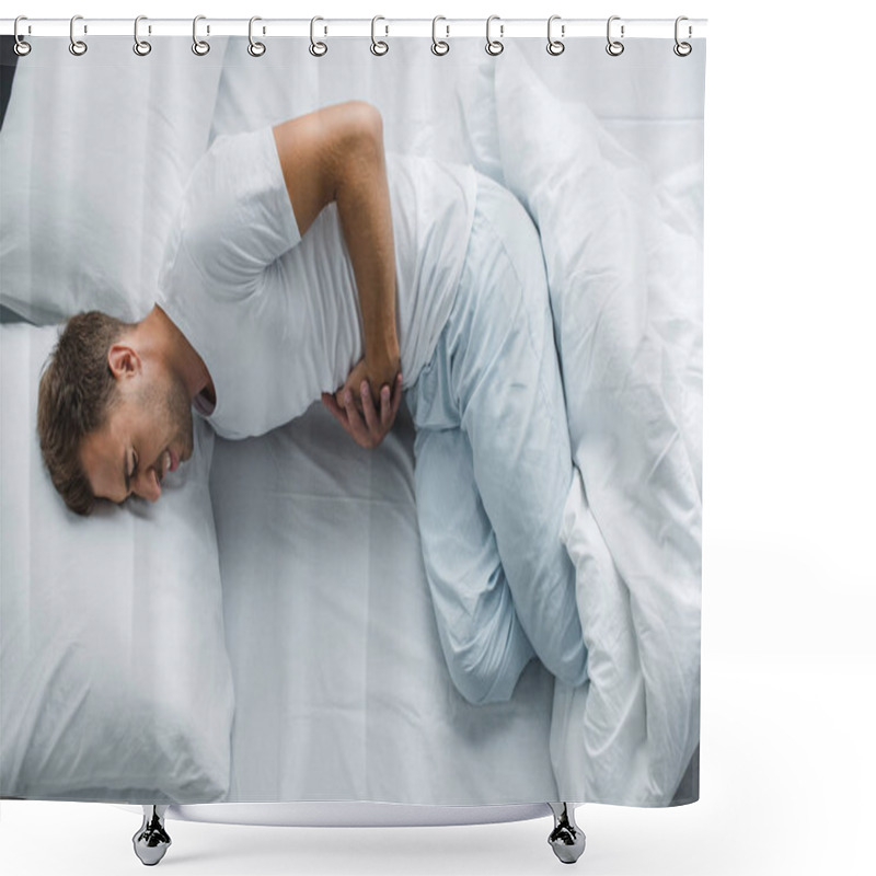 Personality  Top View Of Man Lying In Bed And Suffering From Stomach Pain Shower Curtains