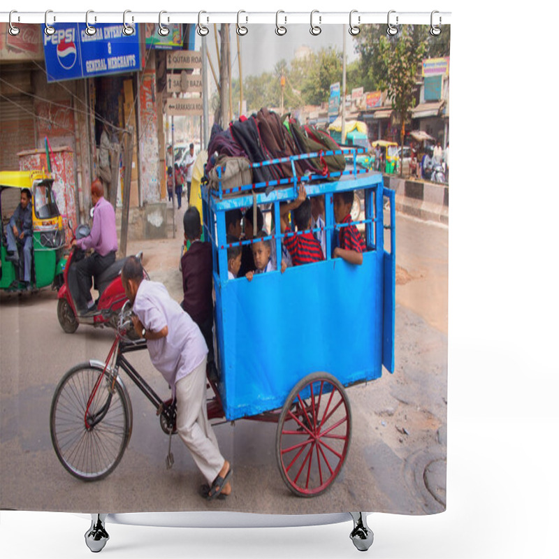 Personality  DELHI, INDIA - NOVEMBER 5: Unidentified Kids Take Cycle Rickshaw To School On November 5, 2014 In Delhi, India. Cycle Rickshaws Are A Popular Mode Of Travel For Short Distance Transits In The City. Shower Curtains