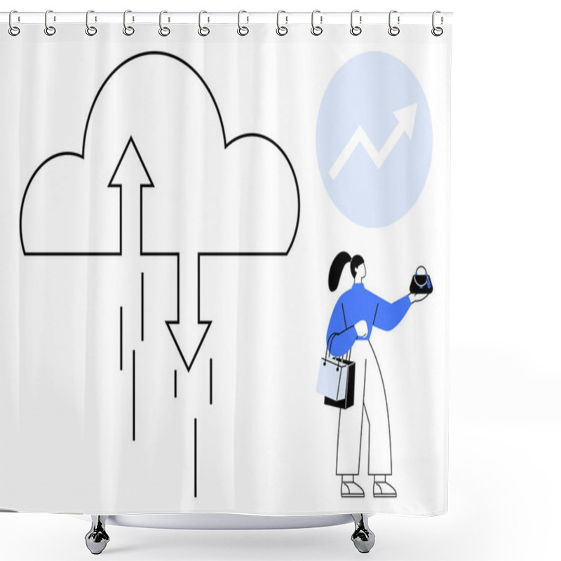 Personality  Cloud Symbol With Arrows Indicating Uploads And Downloads, A Person Holding A Phone And Shopping Bags, And A Circular Growth Chart. Ideal For Technology, E-commerce, Cloud Computing, Online Shopping Shower Curtains