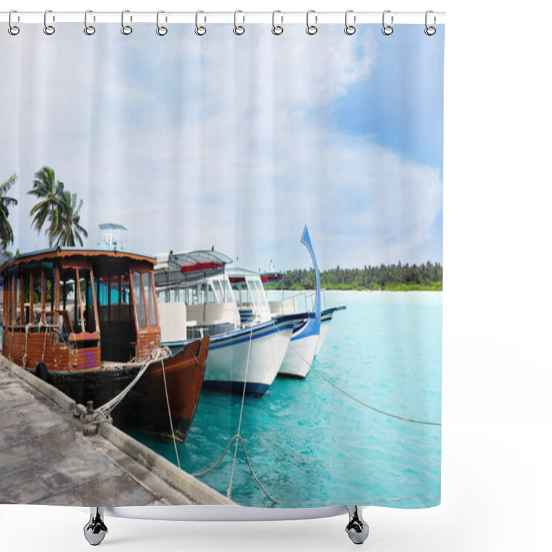 Personality  Boats Berthed At Tropical Resort Shower Curtains