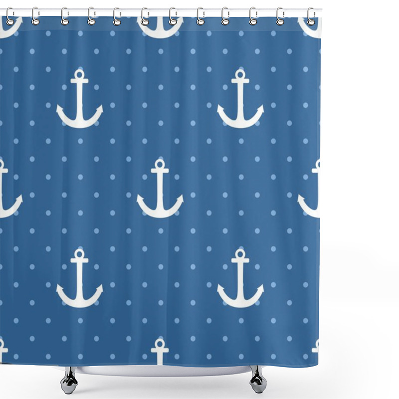 Personality  Tile Sailor Vector Pattern With White Anchor And Polka Dots On Navy Blue Background Shower Curtains