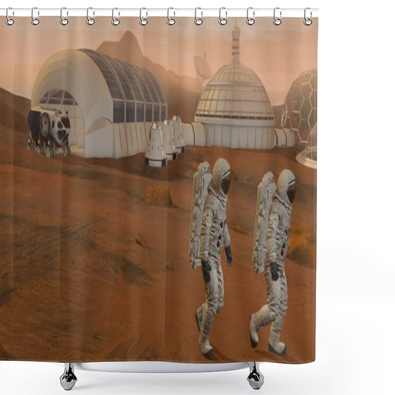 Personality  3D Rendering. Colony On Mars. Two Astronauts Wearing Space Suit Walking On The Surface Of Mars. Shower Curtains