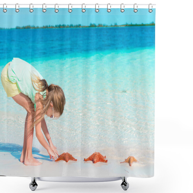 Personality  Adorable Little Girl With Wild Red Starfish On White Empty Beach Shower Curtains