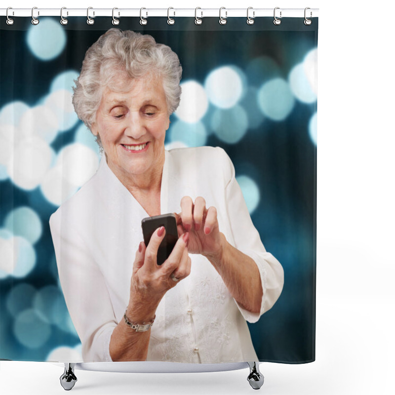 Personality  Senior Woman Using Cellphone Shower Curtains