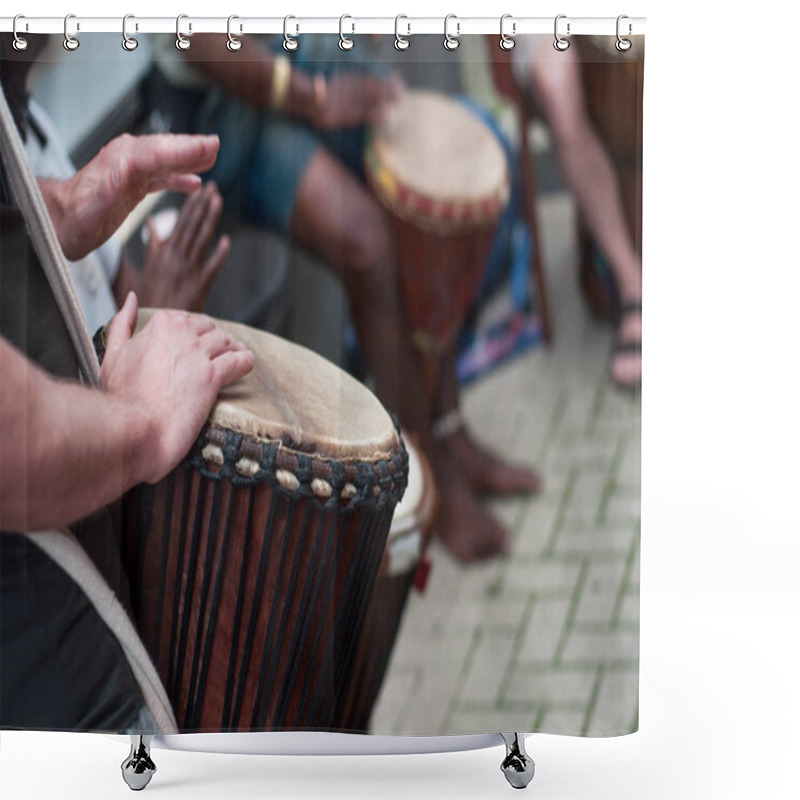 Personality  Closeup Of Man Hands On African Drums In Outdoor Shower Curtains