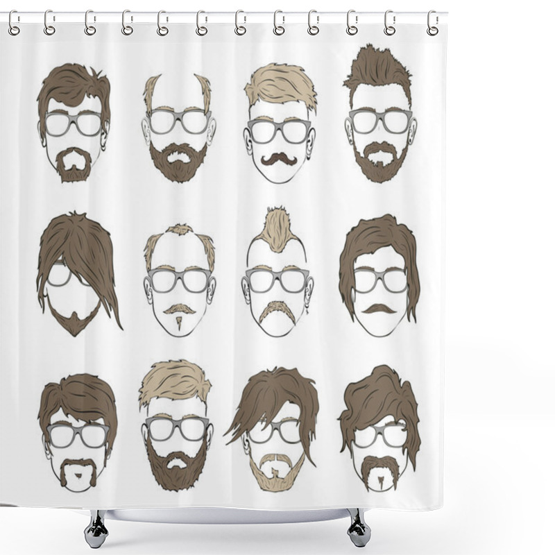 Personality  Hipster Mustache, Beard And Hairstyle Set Shower Curtains