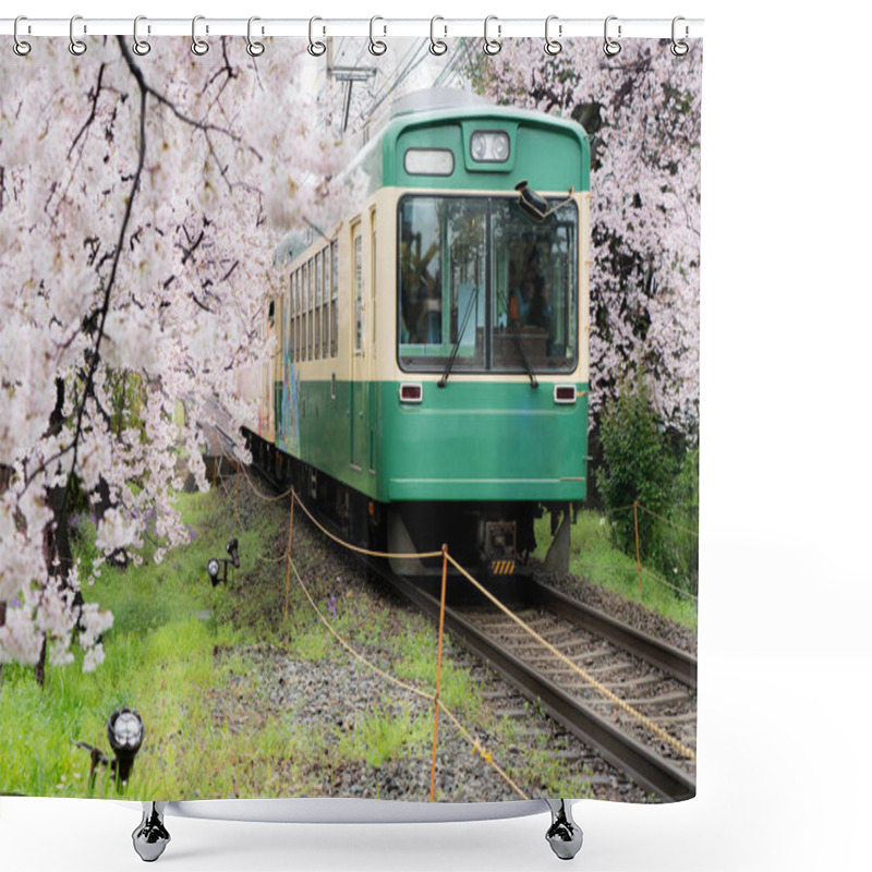 Personality  View Of Kyoto Local Train Traveling On Rail Tracks With Flourish Shower Curtains