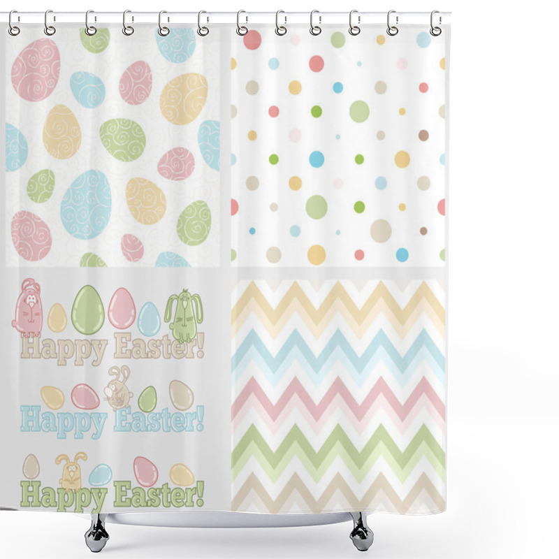 Personality  Set Of Four Easter Elements - Seamless Patterns (eggs, Polka Dots And Chevron) And Cute Easter Bunnies With Words HAPPY EASTER! Ideal Set To Create Your Own Invitations, Greeting Cards, Tags, Etc Shower Curtains