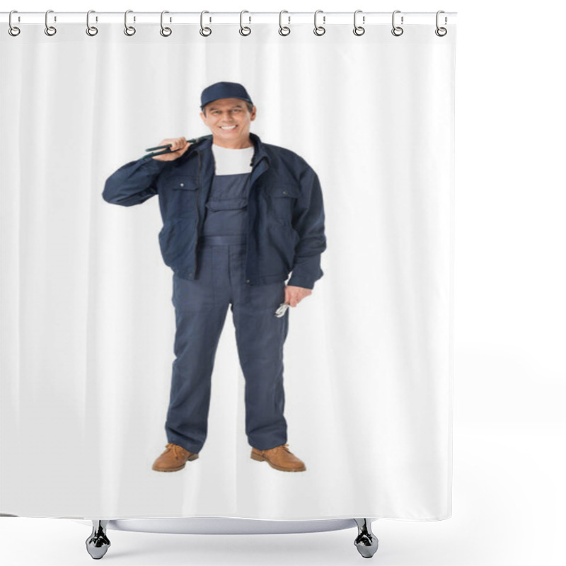 Personality  Handsome Plumber In Overalls Holding Adjustable Wrenches Isolated On White Shower Curtains