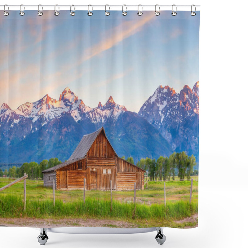 Personality  The Abandoned Barn In The Mormon Row, Wyoming With Grand Tetons View. It Is On The National Registrer Of Historic Places. Shower Curtains