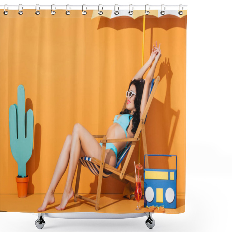 Personality  Happy Woman In Sunglasses And Swimwear Sitting On Deck Chair Near Cocktail, Flip Flops, Paper Boombox, Cactus And Umbrella On Orange Shower Curtains