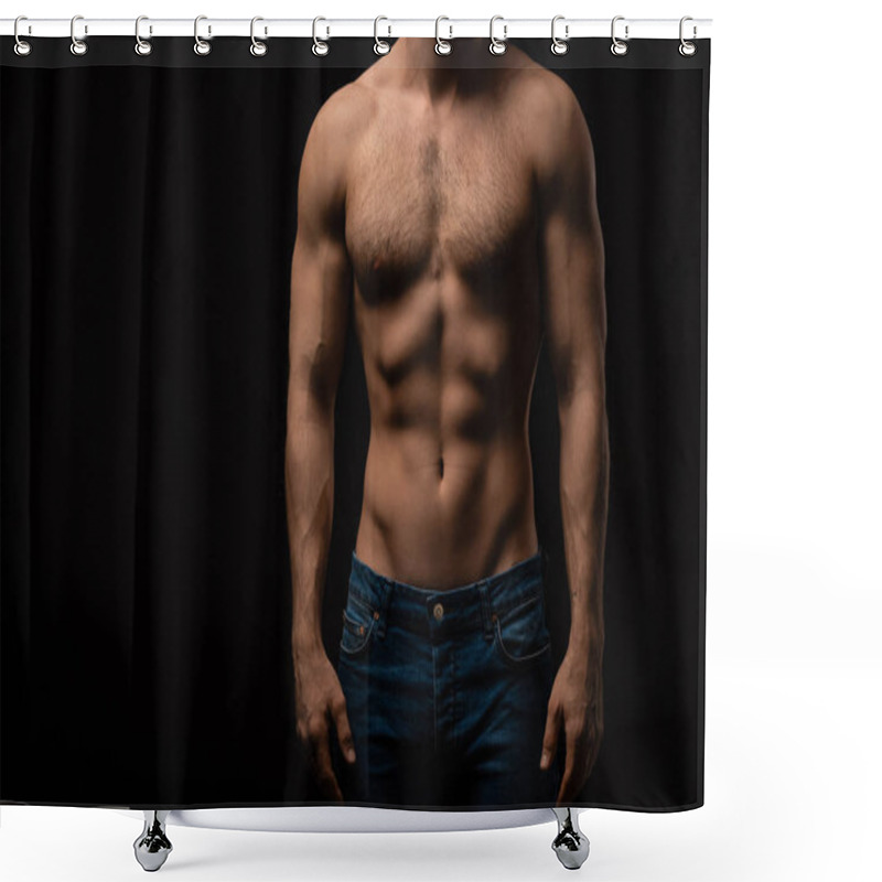 Personality  Cropped View Of Sexy Man In Jeans With Bare Muscular Torso Isolated On Black Shower Curtains