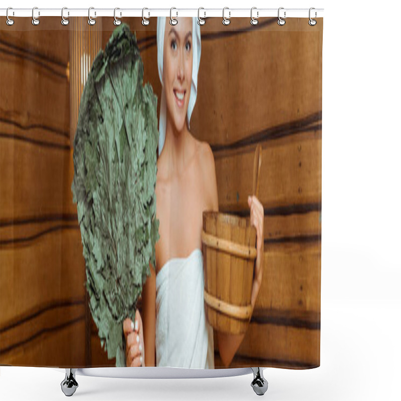 Personality  Panoramic Shot Of Smiling And Attractive Woman In Towels Holding Washtub And Birch Broom In Sauna  Shower Curtains