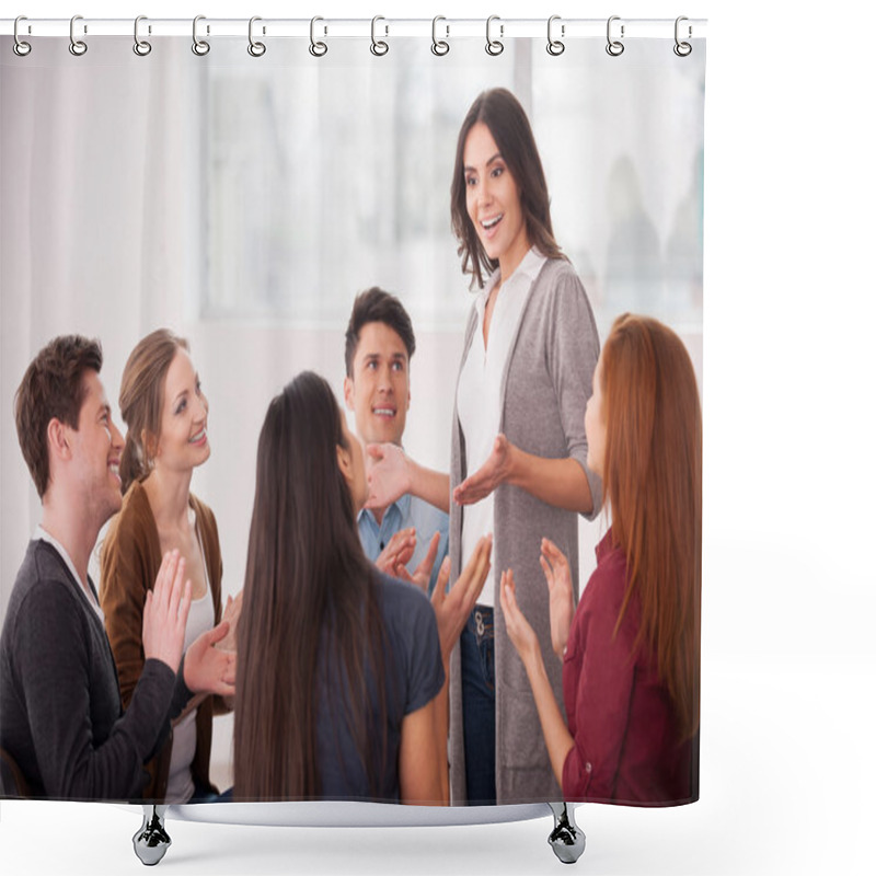 Personality  Woman Telling Something And Gesturing For Group Of People Shower Curtains