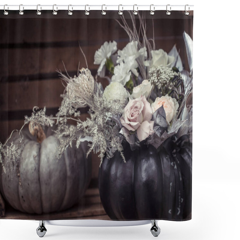 Personality  Beautiful Autumn Street Decor With Pumpkins And Flowers. Shower Curtains