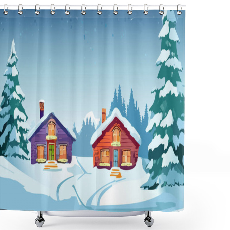 Personality  Winter Landscape With Snow Covered Fir Trees And Wooden Houses. Vector Illustration. Shower Curtains