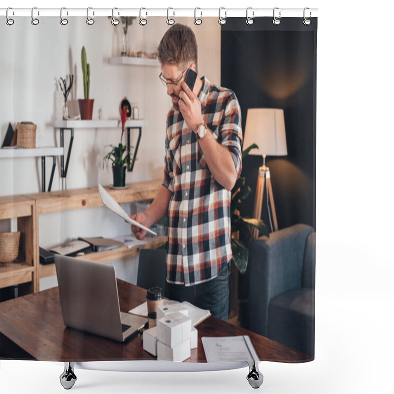 Personality  Entrepreneur  Talking On Cellphone And Reading Paperwork Shower Curtains