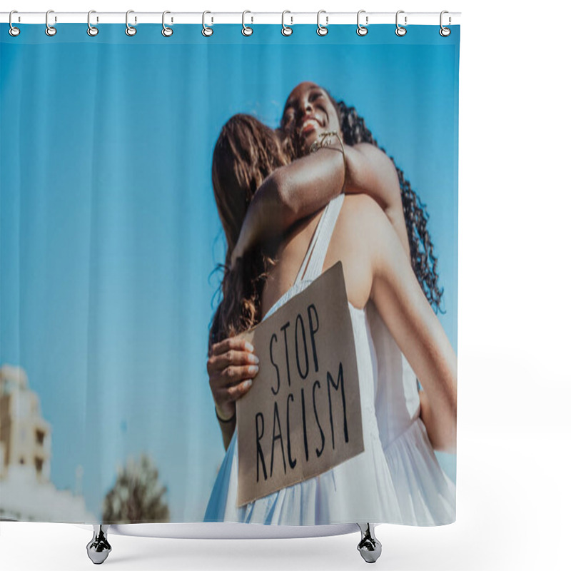 Personality  Two Happy Women Hug Each Other During A Protest Against Racism. Shower Curtains