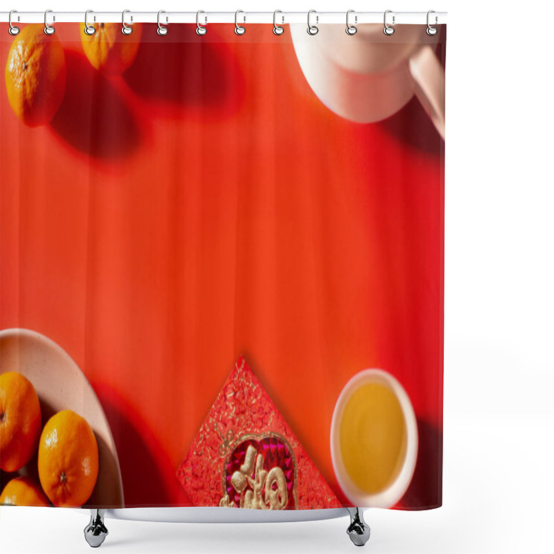 Personality  Translation Text On Red Envelope In Image: Prosperity And Spring.Chinese New Year And Lunar New Year Celebrations Red Envelope Orange And Hot Tea. Shower Curtains