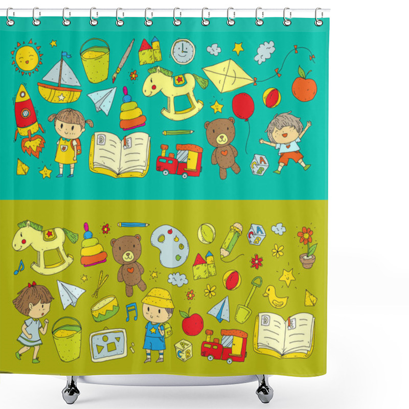 Personality  Kindergarten Nursery Preschool School Education With Children Doodle Pattern Kids Play And Study Boys And Girls Kids Drawing Icons Space, Adventure, Exploration, Imagination Concept Shower Curtains