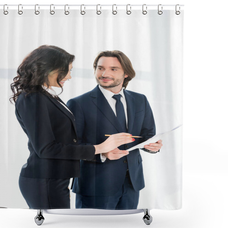 Personality  Cheerful Woman Standing Near Coworker And Looking At Paper  Shower Curtains