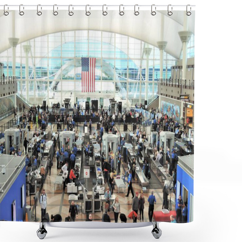 Personality  Travelers At Denver International Airport Going Thru The Security Check Points. Shower Curtains