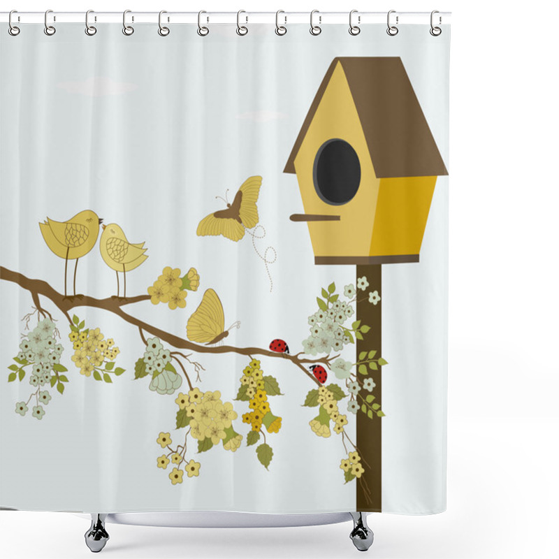 Personality  A Branch With Flowers And Birds Shower Curtains