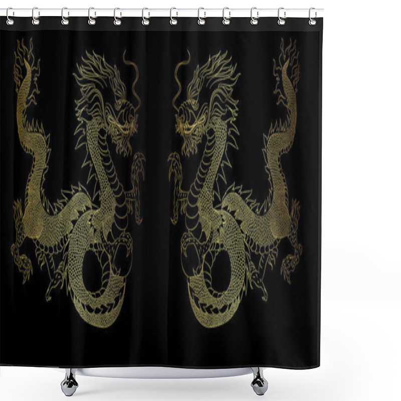 Personality  Japanese Red Dragon Tattoo.Dragon On Red Background For Chinese New Year.Gold Chinese Dragon Vector.Gold Line Art King Dragon Tattoo.cartoon Vector For T-shirt. Shower Curtains