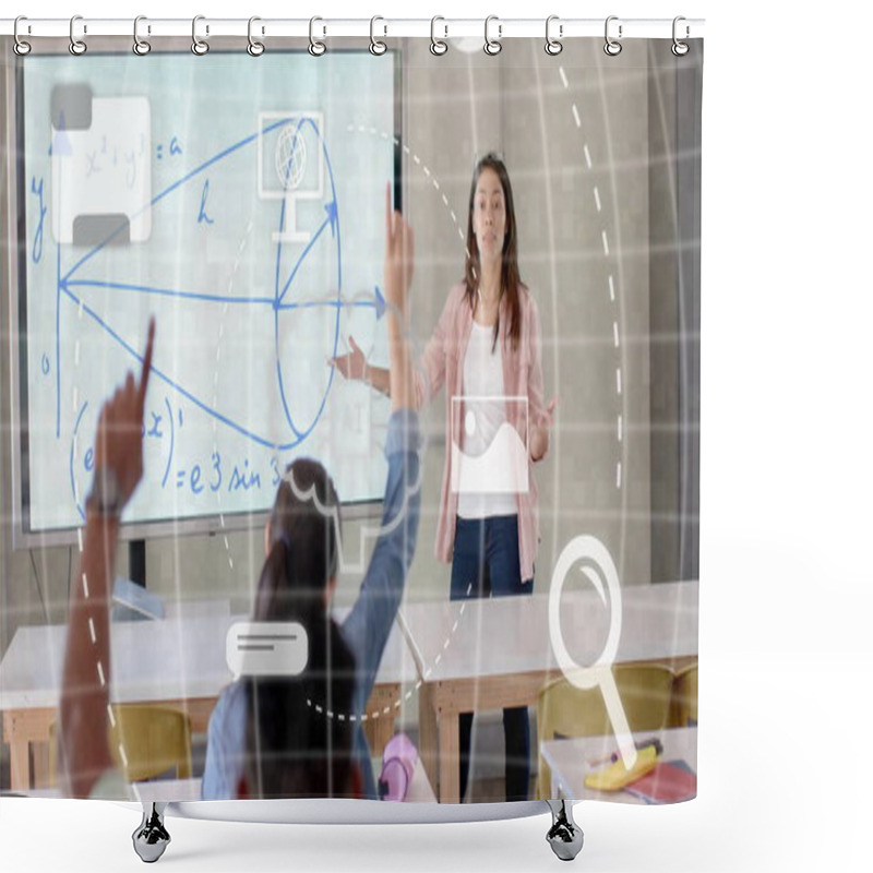 Personality  Image Of Ai Data Processing Over Diverse Students At School. Artificial Intelligence, Education, Connections, Computing And Data Processing Concept Digitally Generated Image. Shower Curtains