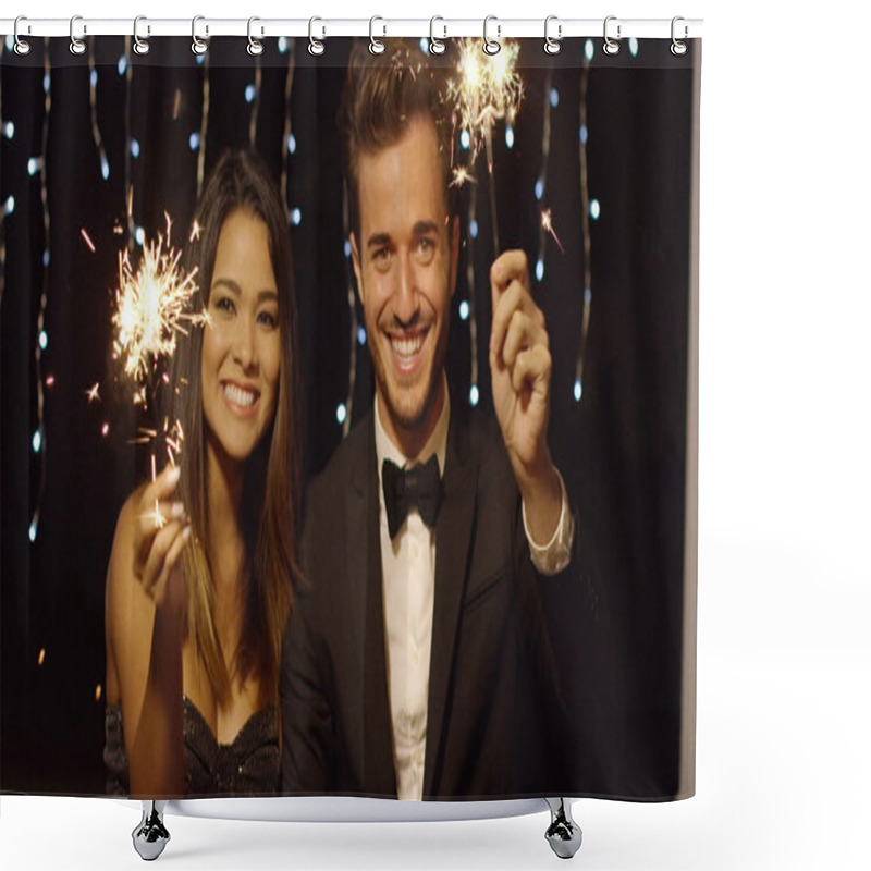 Personality  Young Couple Celebrating New Year With Sparklers Shower Curtains