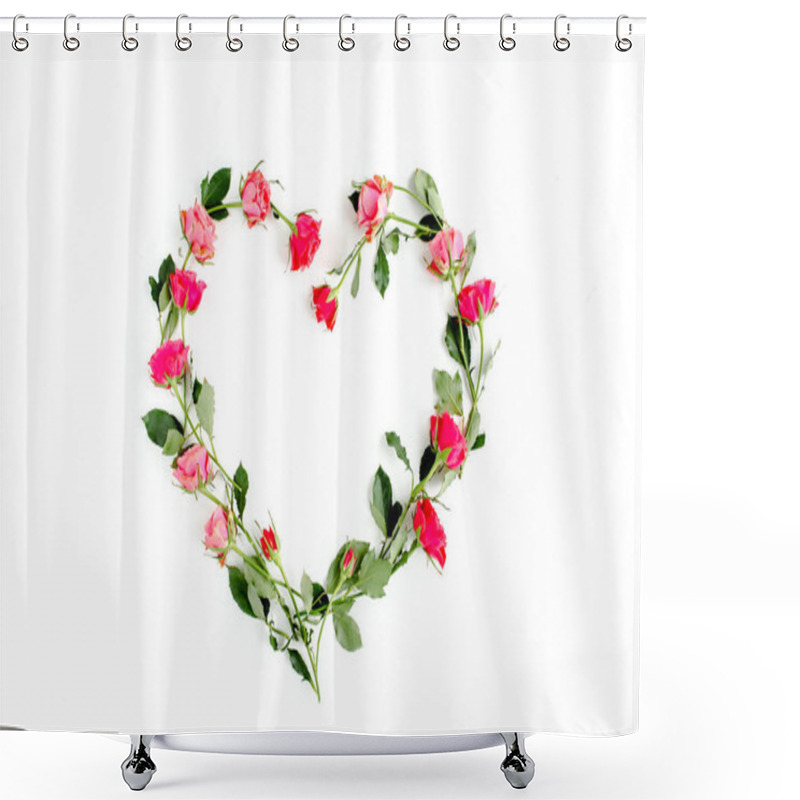 Personality  The Heart Is Lined With Red Roses On White Background. Valentines Background. Floral Pattern. Flat Lay, Top View. Shower Curtains